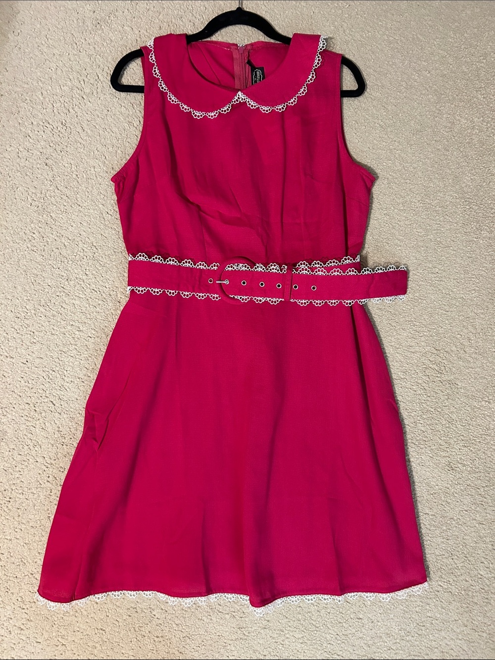 Voodoo Vixen Hot Pink Peter Pan Collar Dress with White Lace Trim